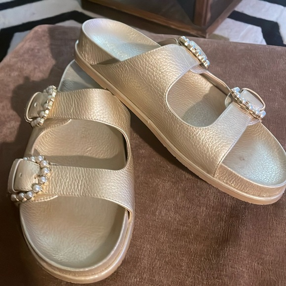 Stuart Weitzman Shoes - Stuart Weitzman Gold Sandal With Pearl Buckles